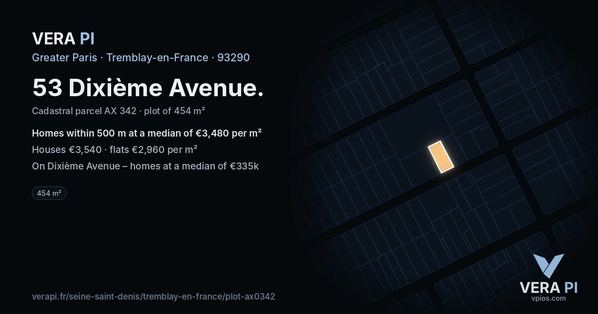 53 Dixième Avenue, Tremblay-en-France at night – the plot lit, the parcels around coloured by the prices near them