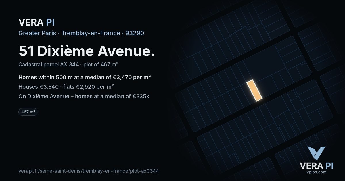 51 Dixième Avenue, Tremblay-en-France at night – the plot lit, the parcels around coloured by the prices near them