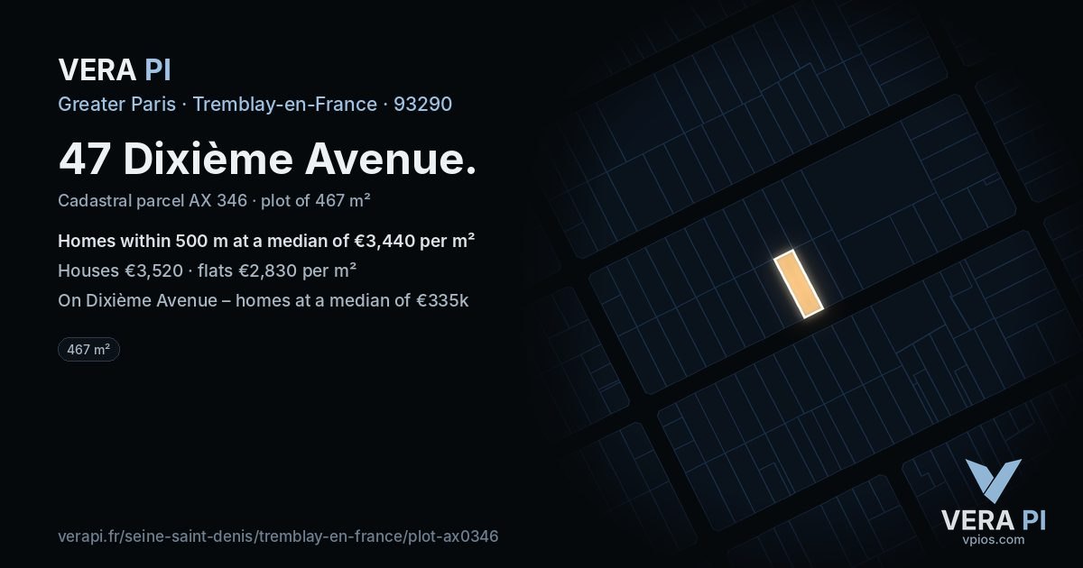 47 Dixième Avenue, Tremblay-en-France at night – the plot lit, the parcels around coloured by the prices near them