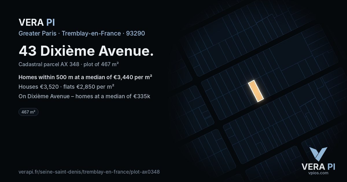 43 Dixième Avenue, Tremblay-en-France at night – the plot lit, the parcels around coloured by the prices near them