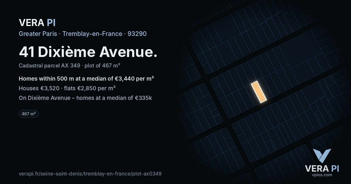 41 Dixième Avenue, Tremblay-en-France at night – the plot lit, the parcels around coloured by the prices near them