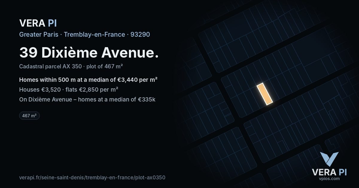 39 Dixième Avenue, Tremblay-en-France at night – the plot lit, the parcels around coloured by the prices near them