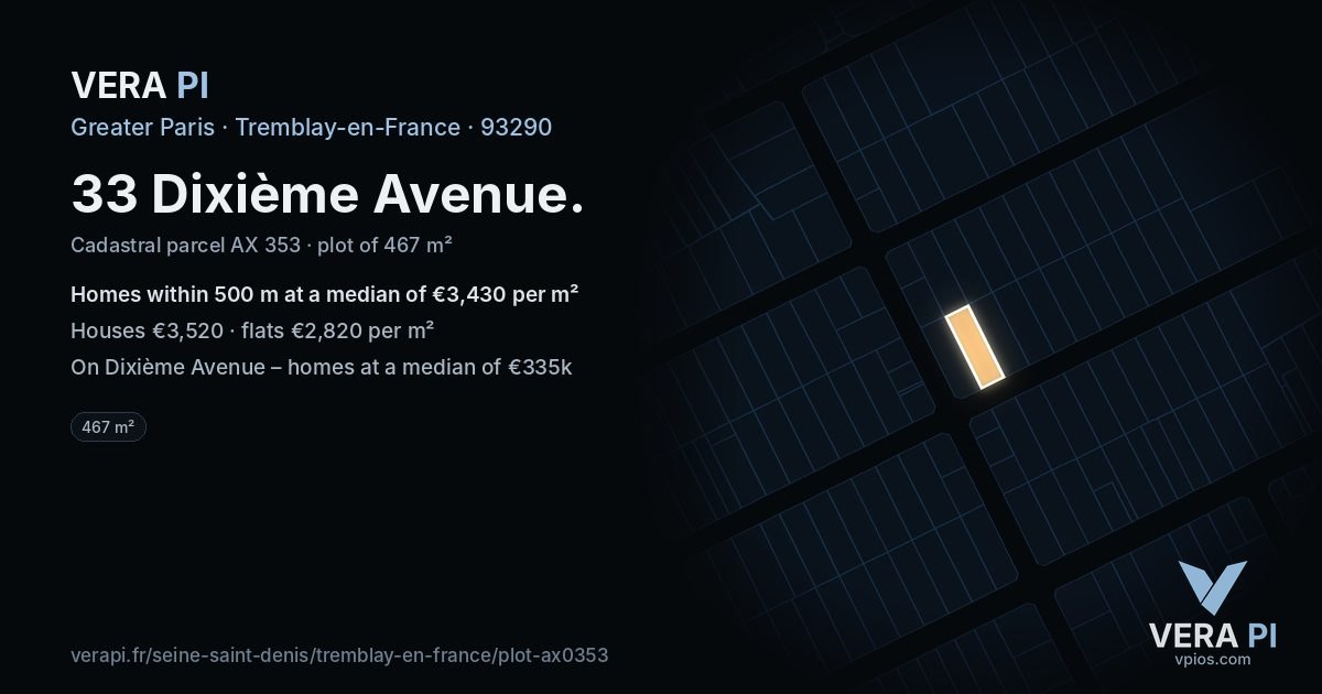 33 Dixième Avenue, Tremblay-en-France at night – the plot lit, the parcels around coloured by the prices near them