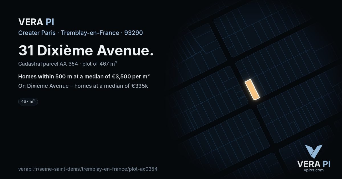 31 Dixième Avenue, Tremblay-en-France at night – the plot lit, the parcels around coloured by the prices near them