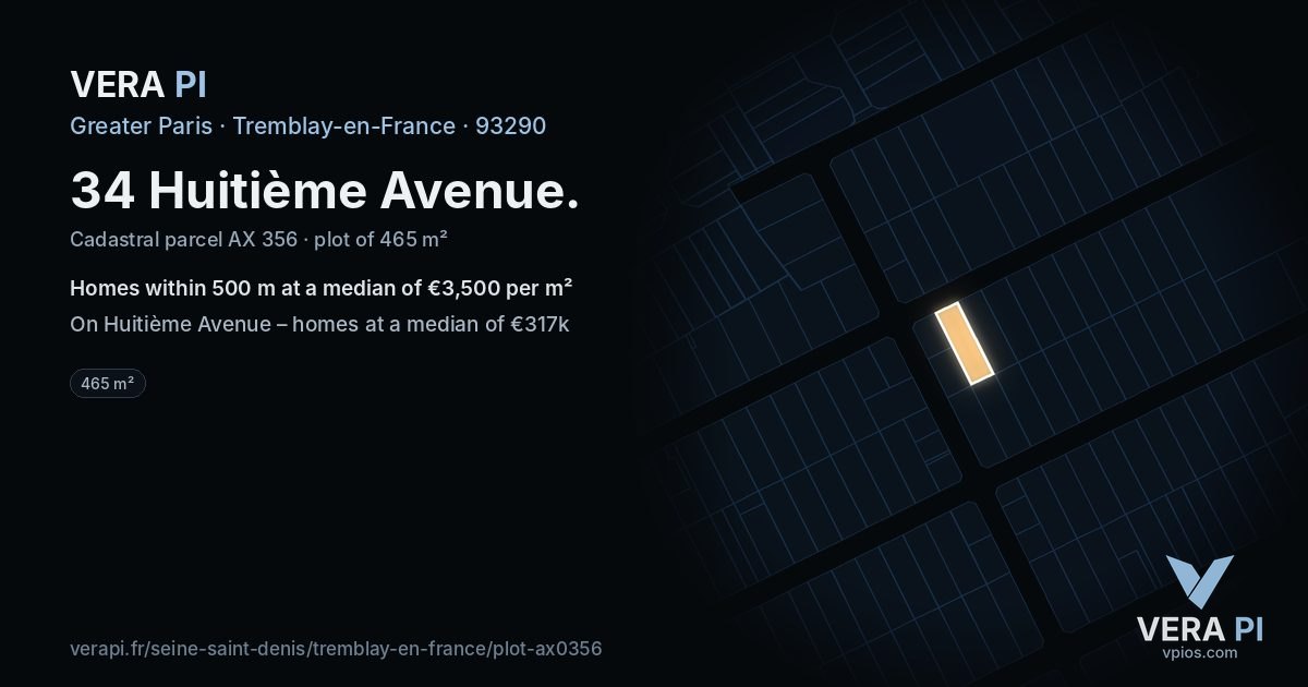 34 Huitième Avenue, Tremblay-en-France at night – the plot lit, the parcels around coloured by the prices near them