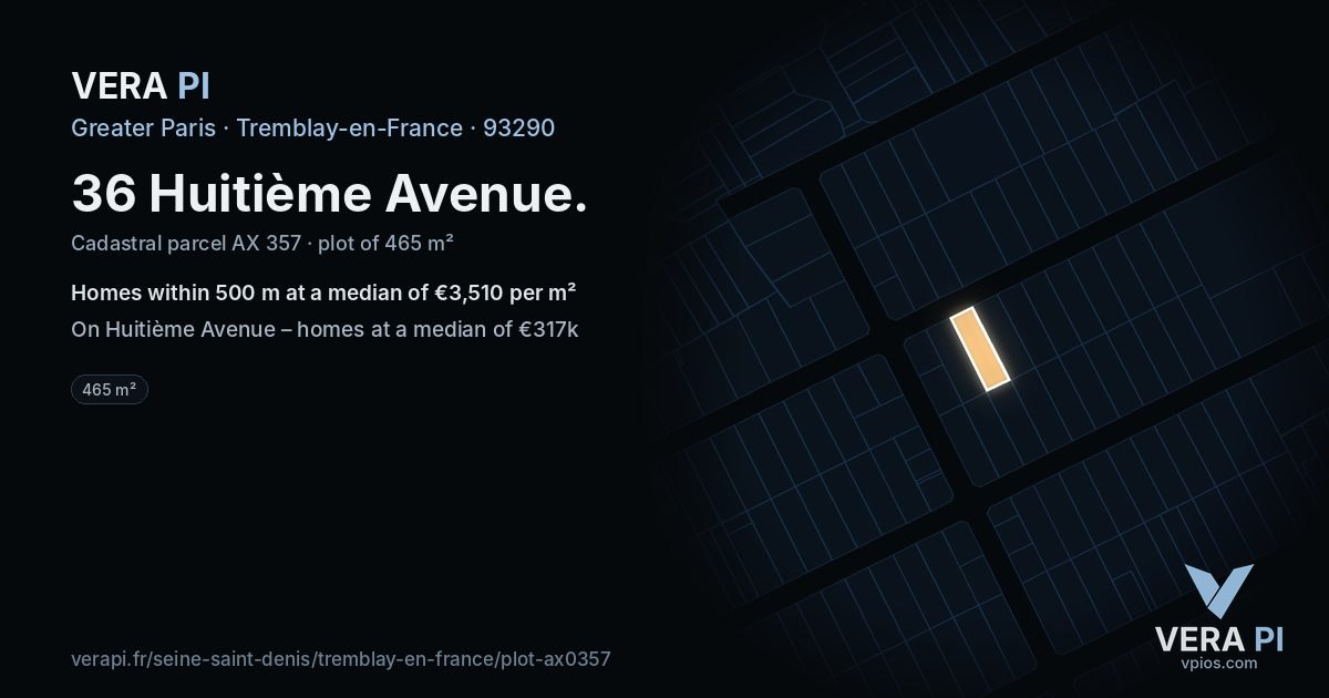 36 Huitième Avenue, Tremblay-en-France at night – the plot lit, the parcels around coloured by the prices near them