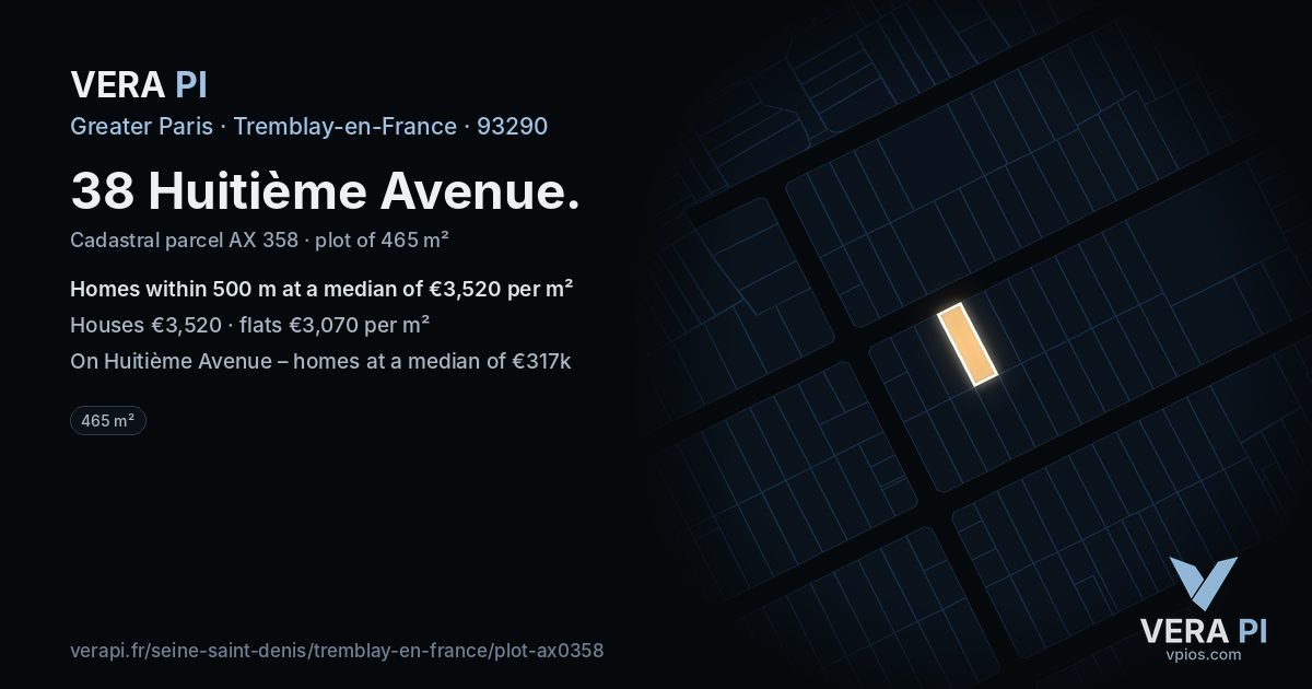 38 Huitième Avenue, Tremblay-en-France at night – the plot lit, the parcels around coloured by the prices near them