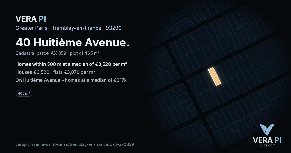 40 Huitième Avenue, Tremblay-en-France at night – the plot lit, the parcels around coloured by the prices near them