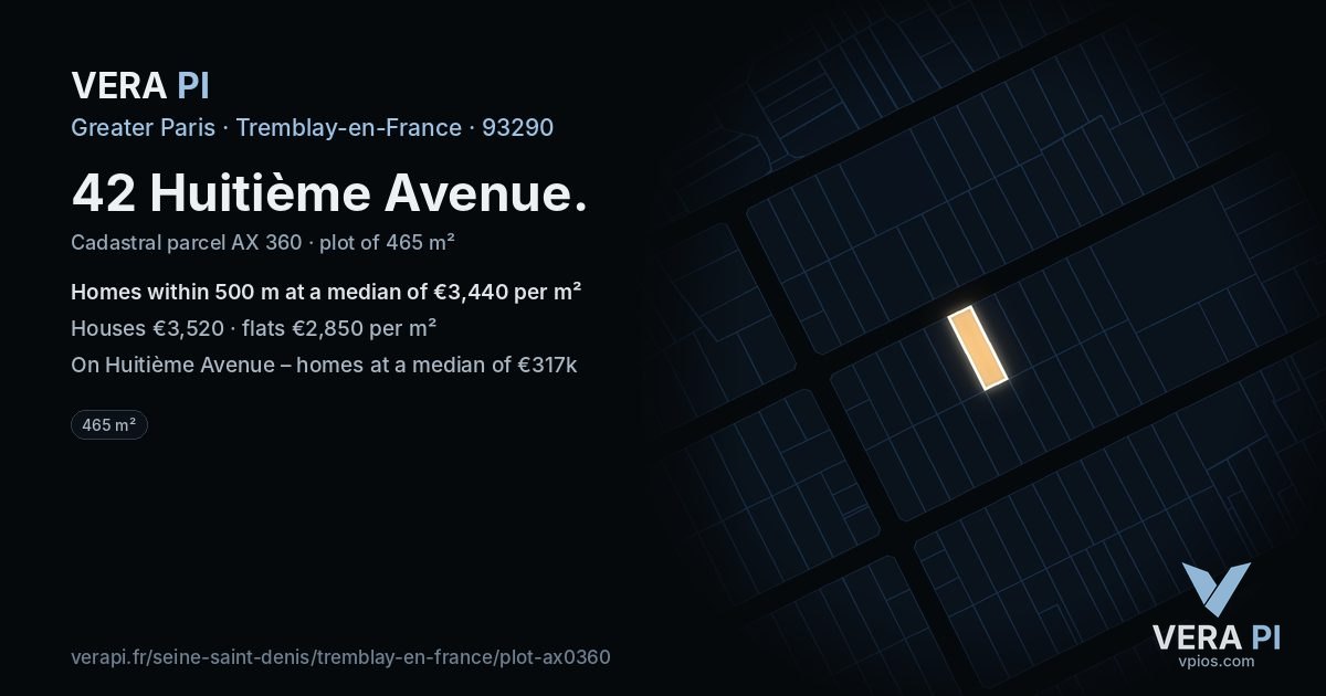 42 Huitième Avenue, Tremblay-en-France at night – the plot lit, the parcels around coloured by the prices near them