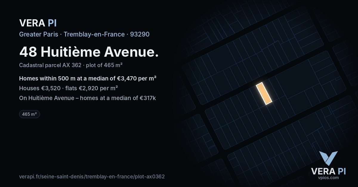 48 Huitième Avenue, Tremblay-en-France at night – the plot lit, the parcels around coloured by the prices near them
