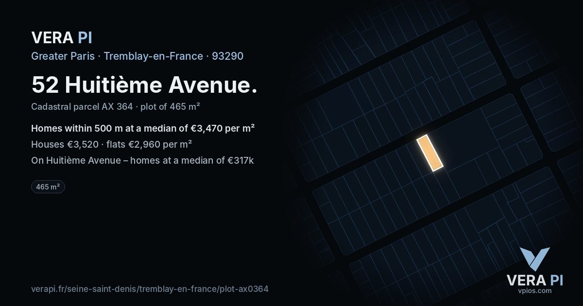 52 Huitième Avenue, Tremblay-en-France at night – the plot lit, the parcels around coloured by the prices near them