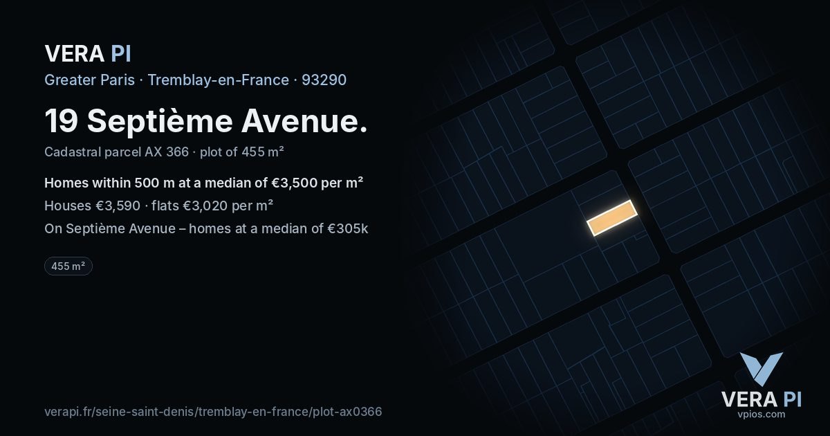 19 Septième Avenue, Tremblay-en-France at night – the plot lit, the parcels around coloured by the prices near them