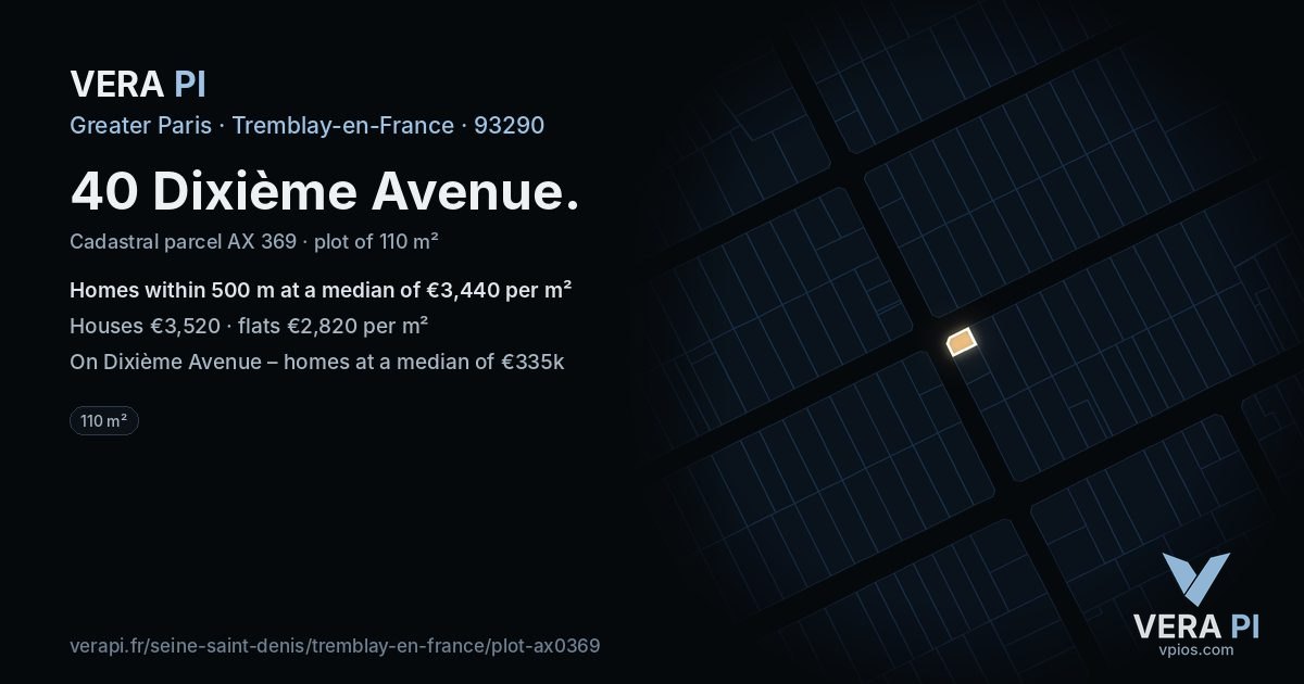 40 Dixième Avenue, Tremblay-en-France at night – the plot lit, the parcels around coloured by the prices near them
