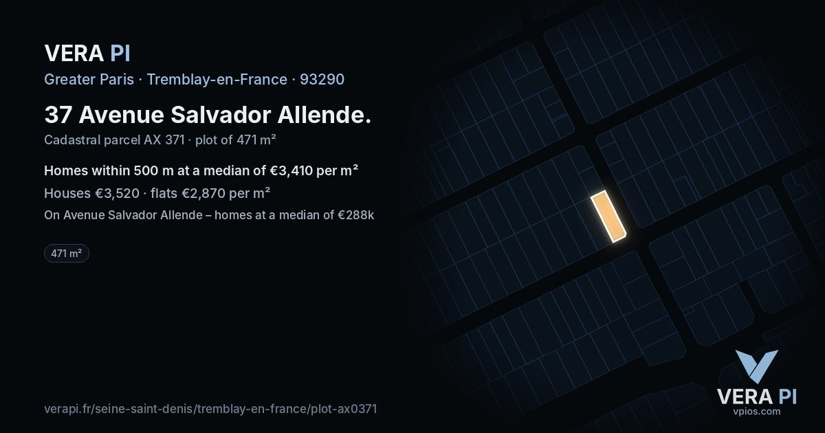 37 Avenue Salvador Allende, Tremblay-en-France at night – the plot lit, the parcels around coloured by the prices near them