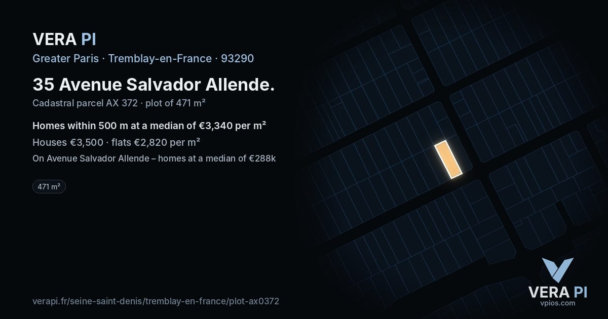 35 Avenue Salvador Allende, Tremblay-en-France at night – the plot lit, the parcels around coloured by the prices near them