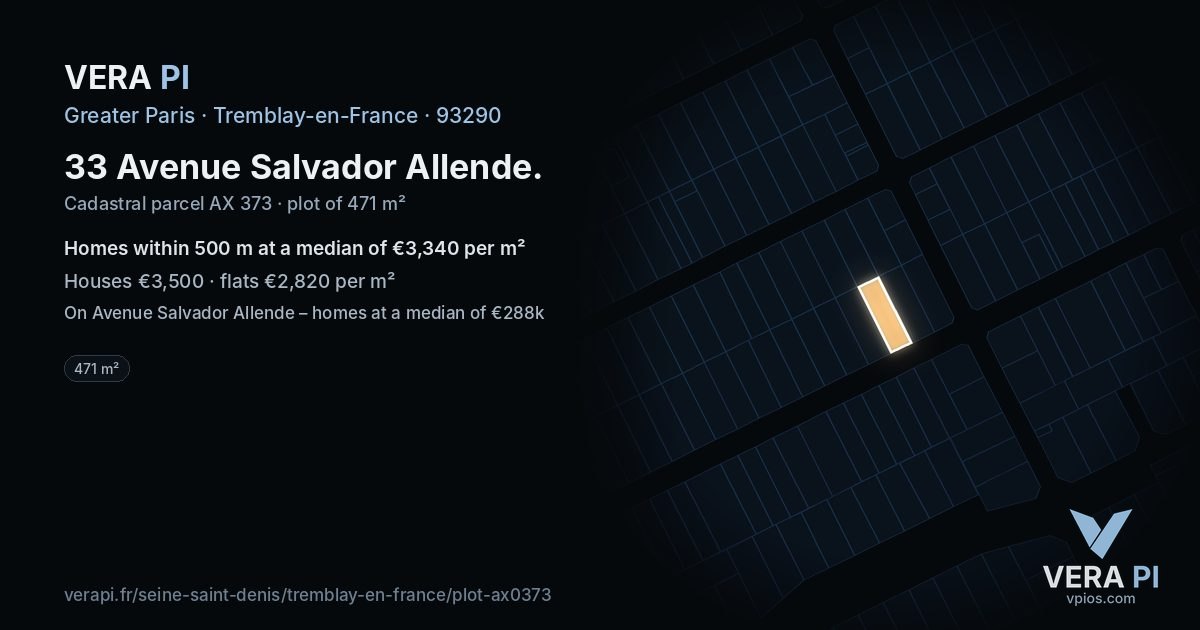 33 Avenue Salvador Allende, Tremblay-en-France at night – the plot lit, the parcels around coloured by the prices near them