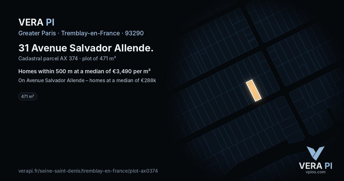 31 Avenue Salvador Allende, Tremblay-en-France at night – the plot lit, the parcels around coloured by the prices near them