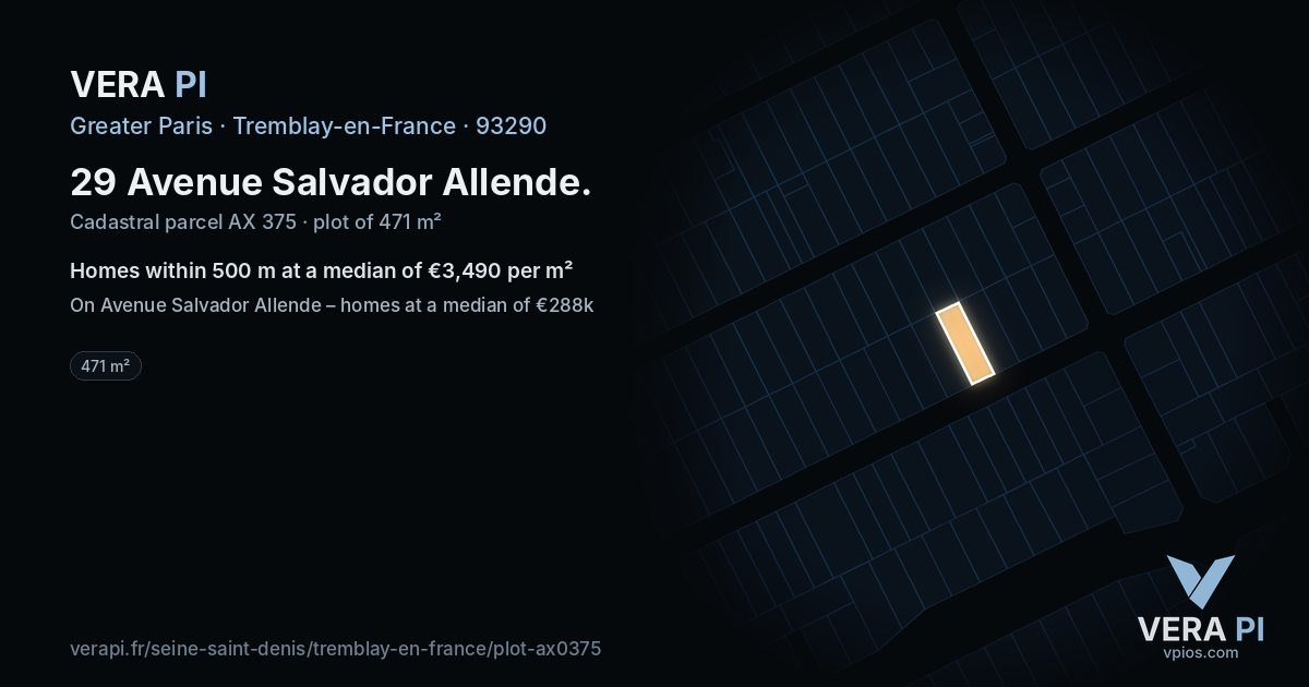 29 Avenue Salvador Allende, Tremblay-en-France at night – the plot lit, the parcels around coloured by the prices near them