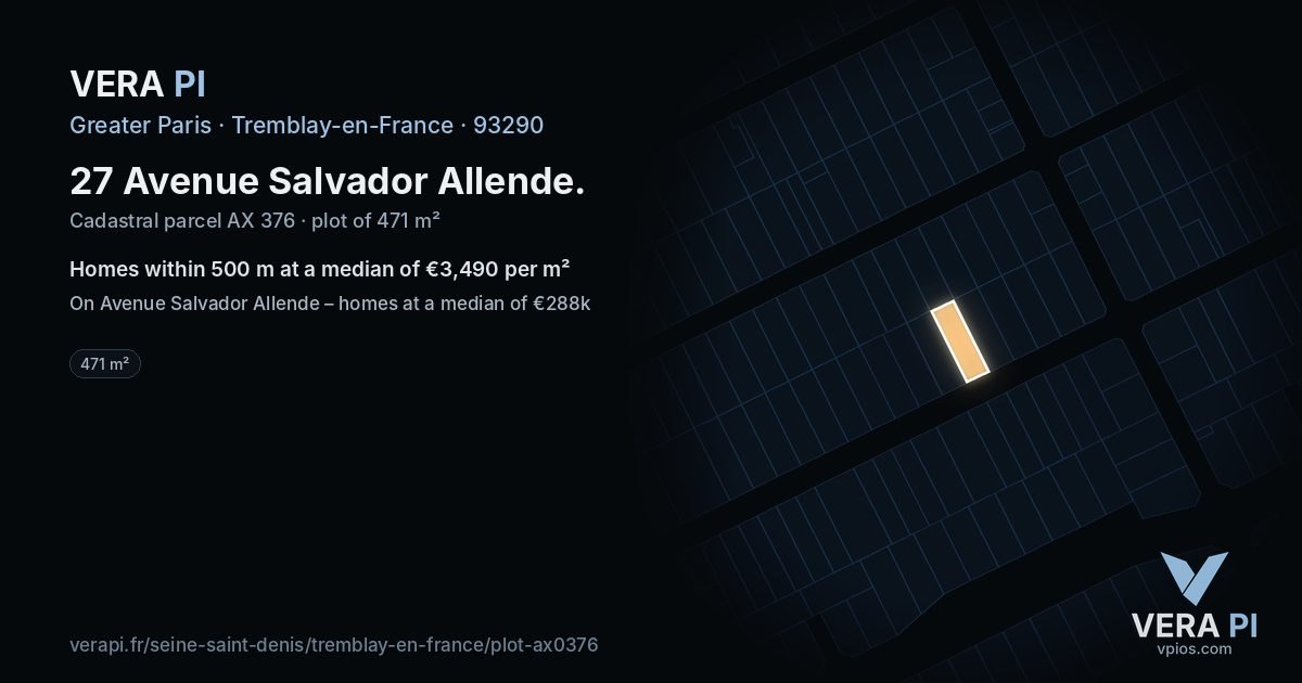 27 Avenue Salvador Allende, Tremblay-en-France at night – the plot lit, the parcels around coloured by the prices near them
