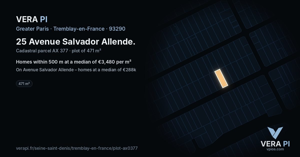 25 Avenue Salvador Allende, Tremblay-en-France at night – the plot lit, the parcels around coloured by the prices near them