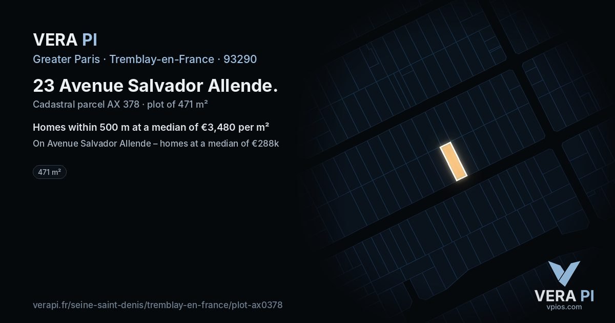 23 Avenue Salvador Allende, Tremblay-en-France at night – the plot lit, the parcels around coloured by the prices near them
