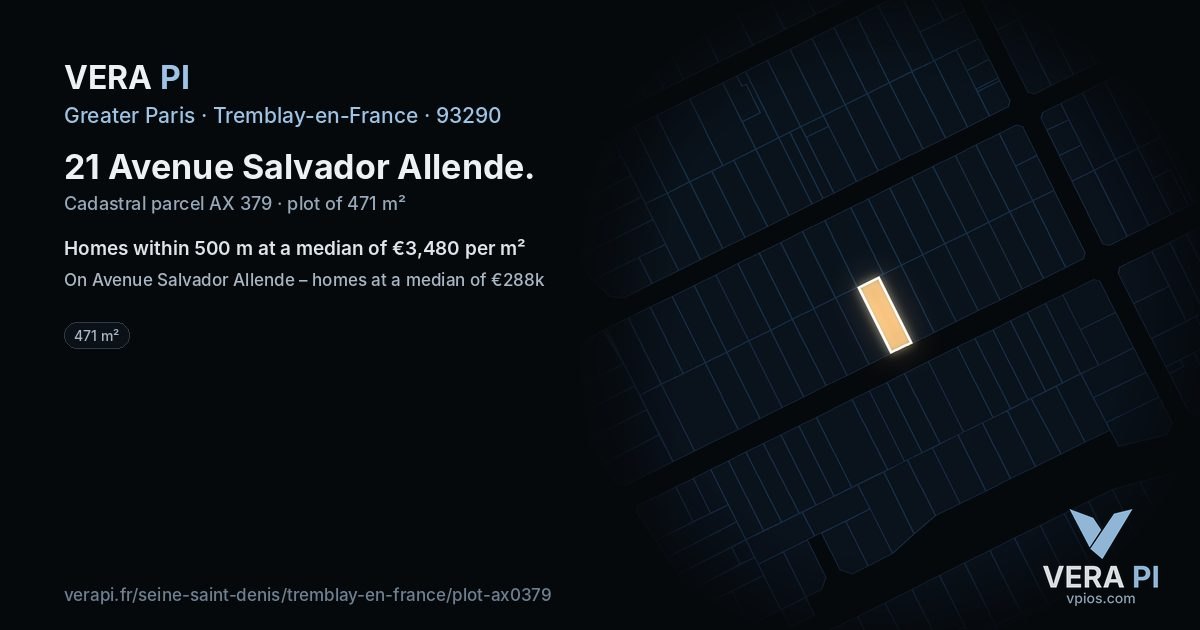 21 Avenue Salvador Allende, Tremblay-en-France at night – the plot lit, the parcels around coloured by the prices near them