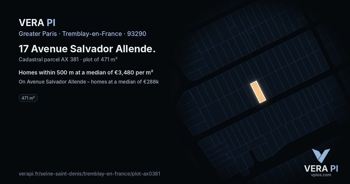 17 Avenue Salvador Allende, Tremblay-en-France at night – the plot lit, the parcels around coloured by the prices near them
