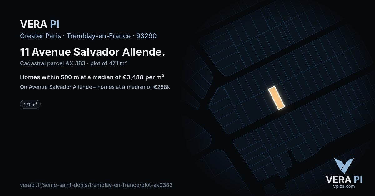 11 Avenue Salvador Allende, Tremblay-en-France at night – the plot lit, the parcels around coloured by the prices near them