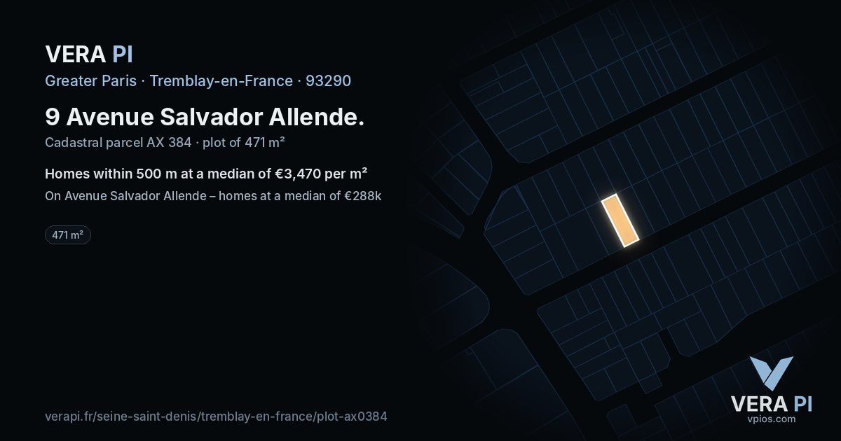 9 Avenue Salvador Allende, Tremblay-en-France at night – the plot lit, the parcels around coloured by the prices near them
