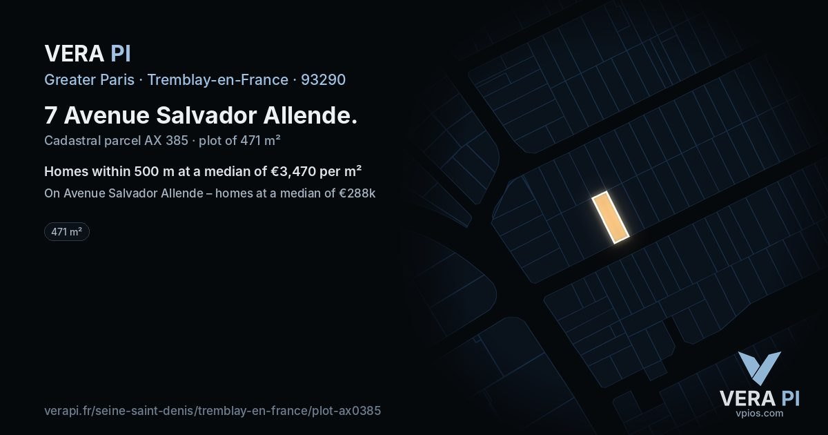 7 Avenue Salvador Allende, Tremblay-en-France at night – the plot lit, the parcels around coloured by the prices near them