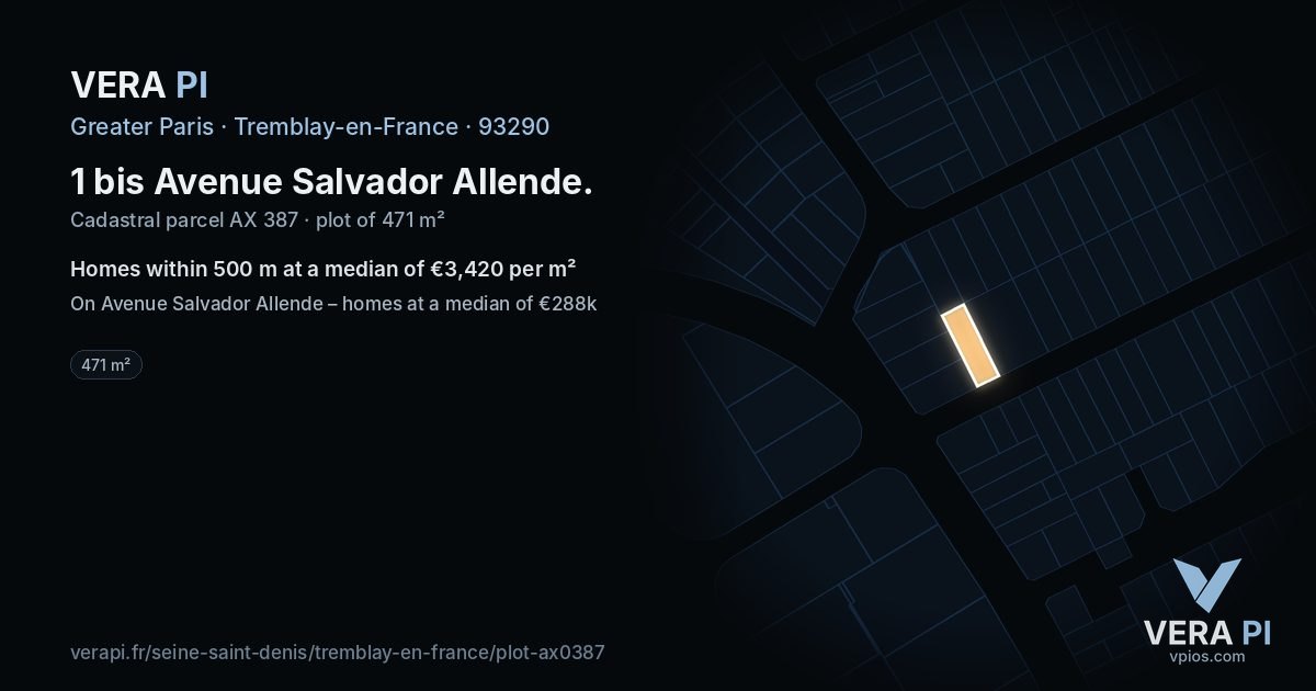 1 bis Avenue Salvador Allende, Tremblay-en-France at night – the plot lit, the parcels around coloured by the prices near them