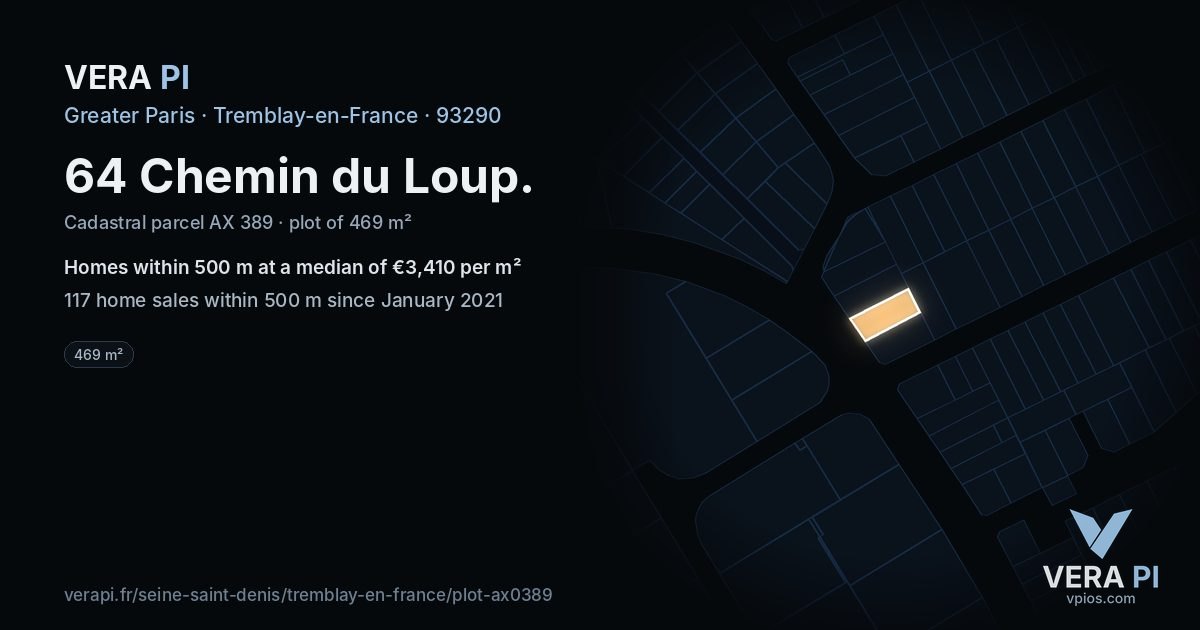 64 Chemin du Loup, Tremblay-en-France at night – the plot lit, the parcels around coloured by the prices near them