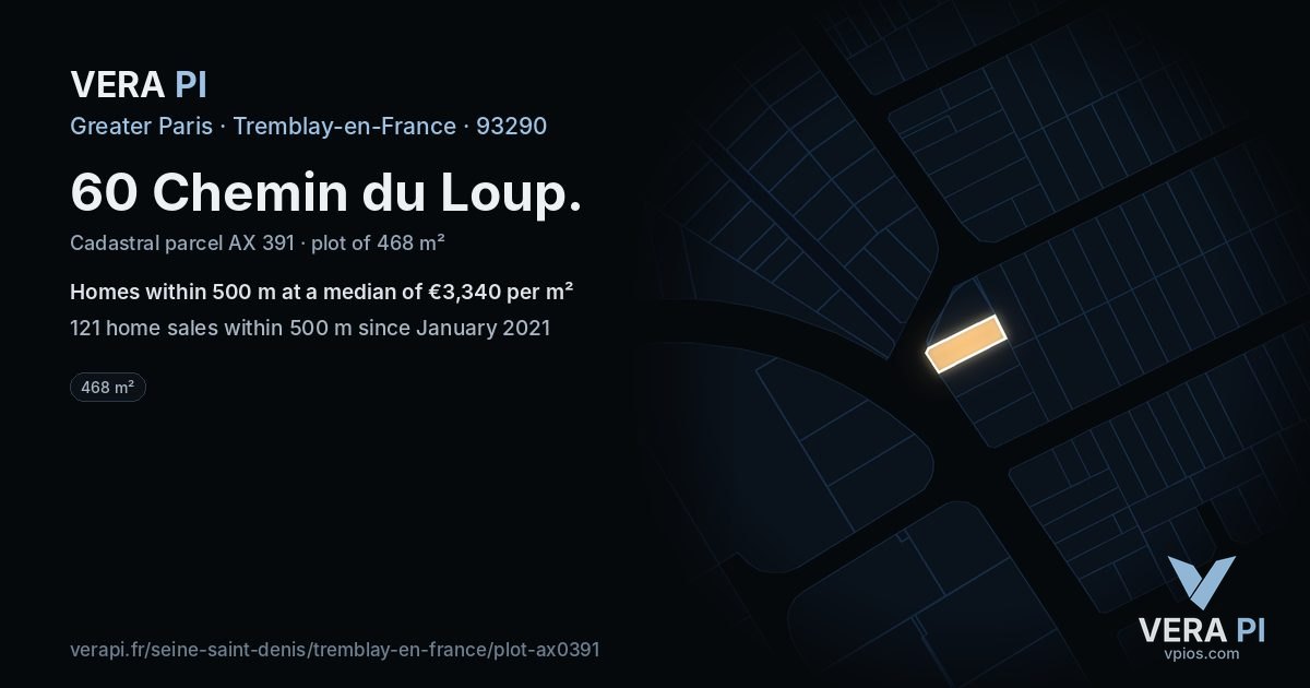 60 Chemin du Loup, Tremblay-en-France at night – the plot lit, the parcels around coloured by the prices near them