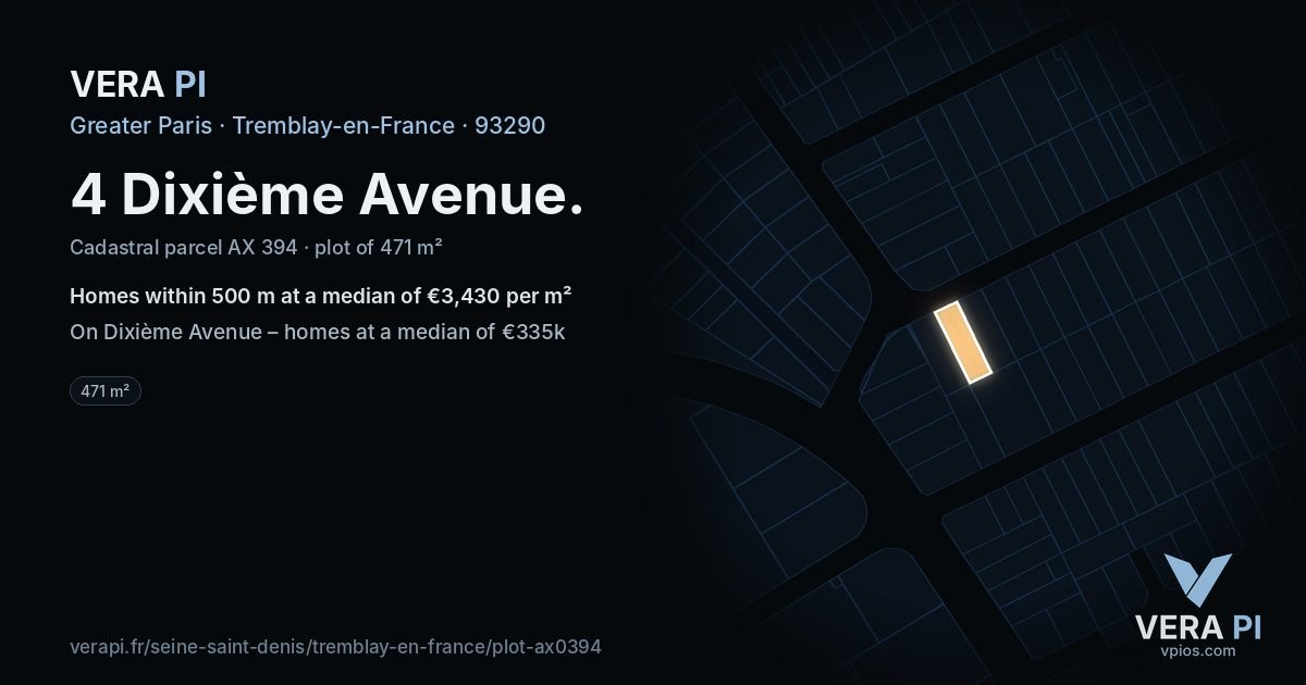 4 Dixième Avenue, Tremblay-en-France at night – the plot lit, the parcels around coloured by the prices near them