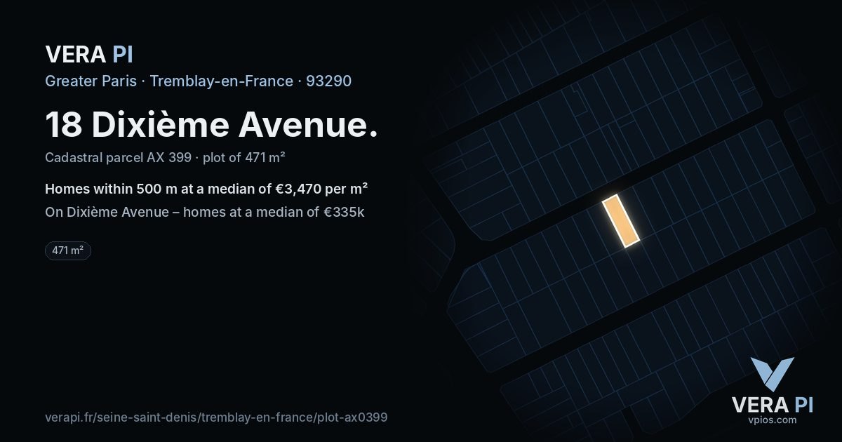 18 Dixième Avenue, Tremblay-en-France at night – the plot lit, the parcels around coloured by the prices near them