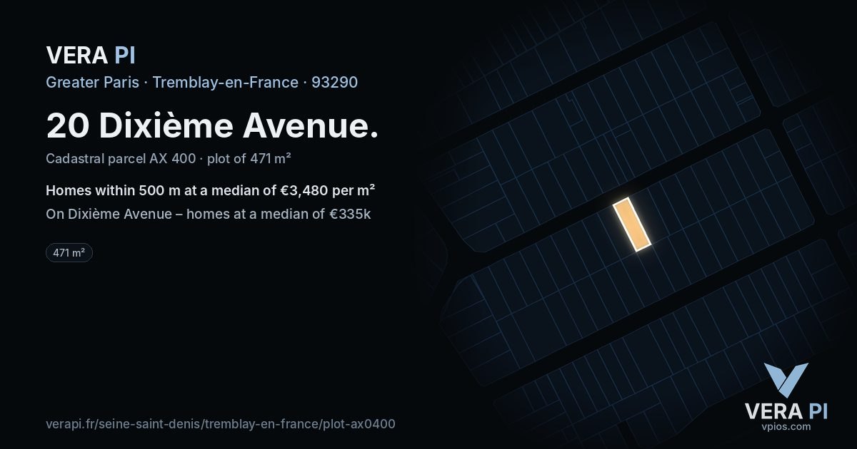 20 Dixième Avenue, Tremblay-en-France at night – the plot lit, the parcels around coloured by the prices near them