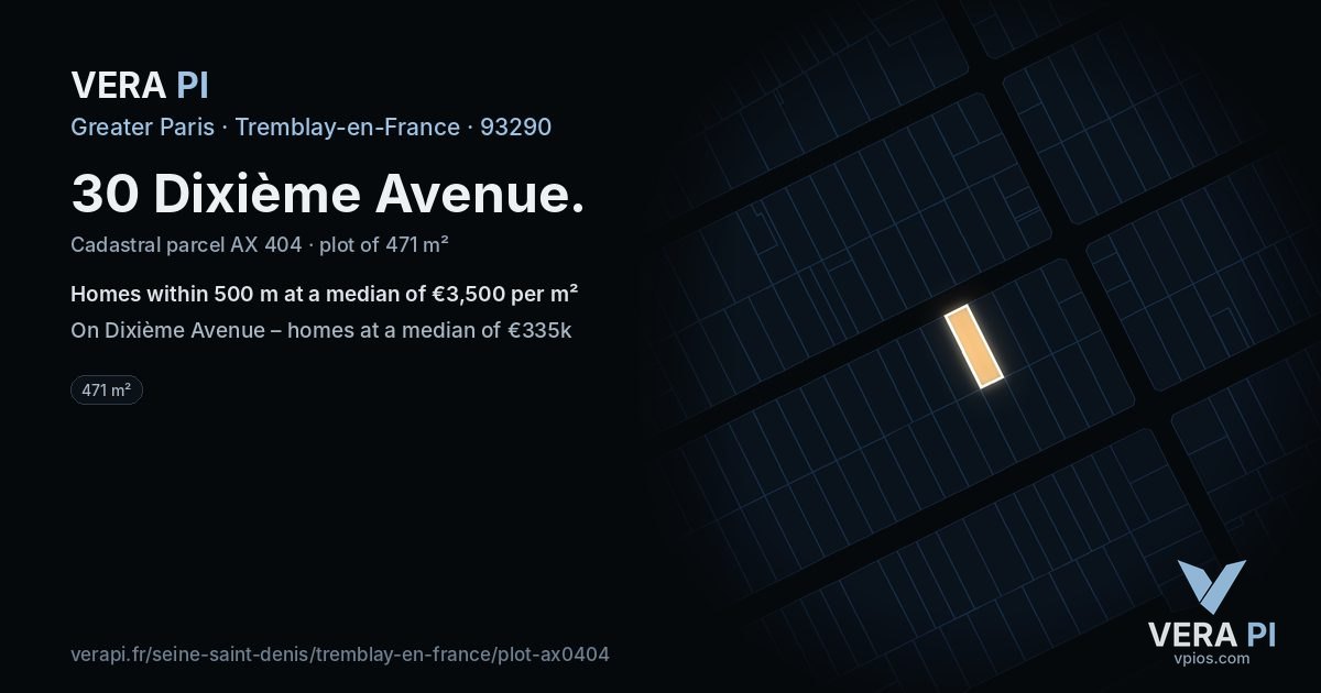 30 Dixième Avenue, Tremblay-en-France at night – the plot lit, the parcels around coloured by the prices near them