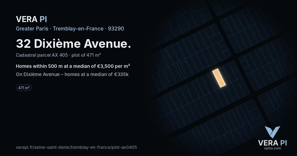 32 Dixième Avenue, Tremblay-en-France at night – the plot lit, the parcels around coloured by the prices near them