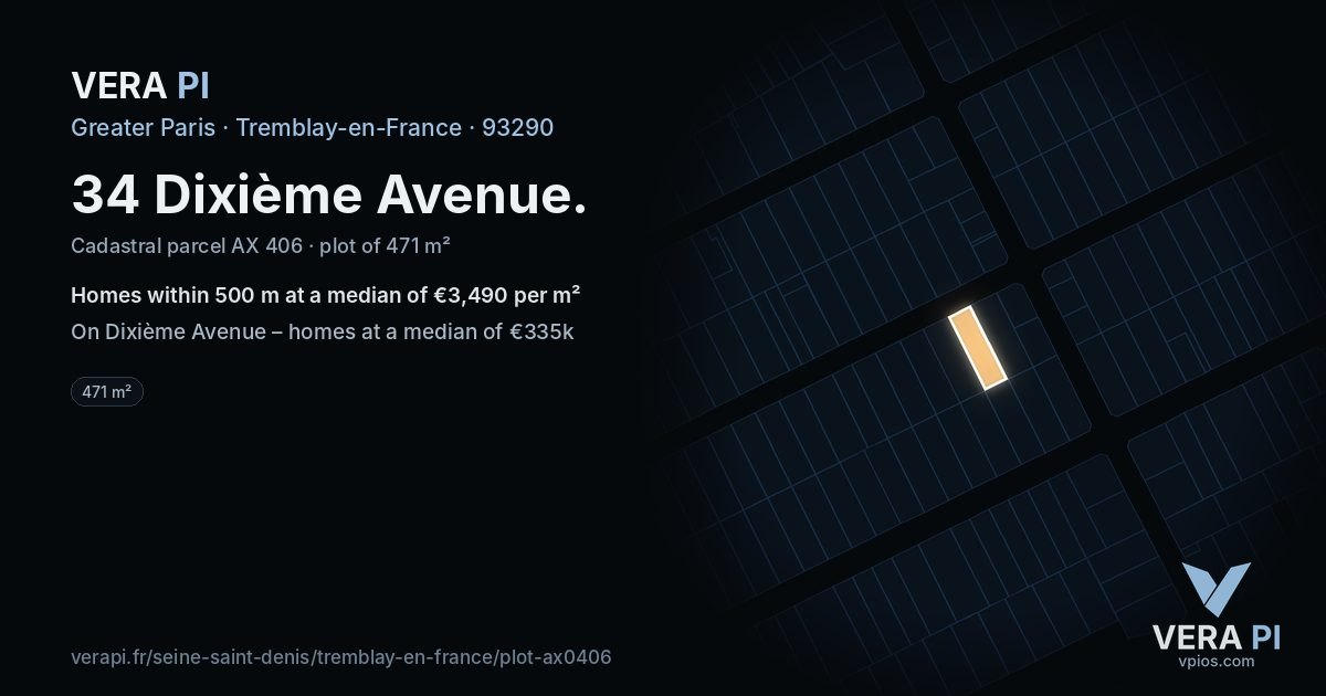 34 Dixième Avenue, Tremblay-en-France at night – the plot lit, the parcels around coloured by the prices near them