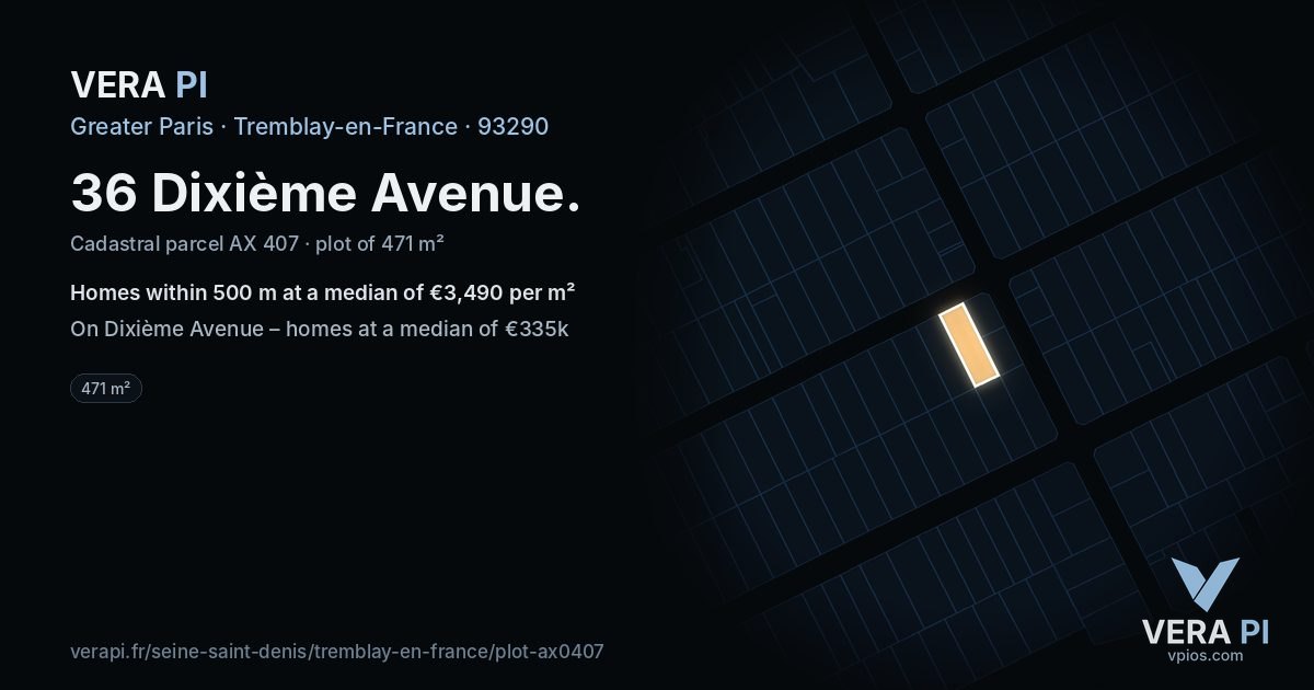 36 Dixième Avenue, Tremblay-en-France at night – the plot lit, the parcels around coloured by the prices near them