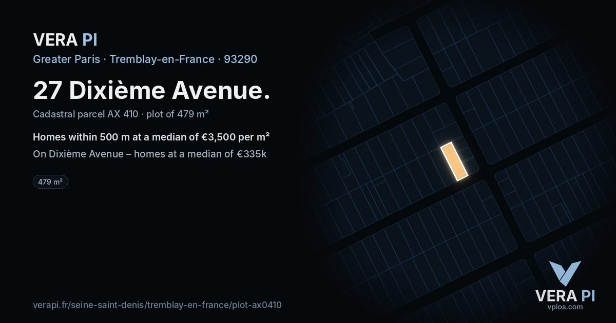 27 Dixième Avenue, Tremblay-en-France at night – the plot lit, the parcels around coloured by the prices near them