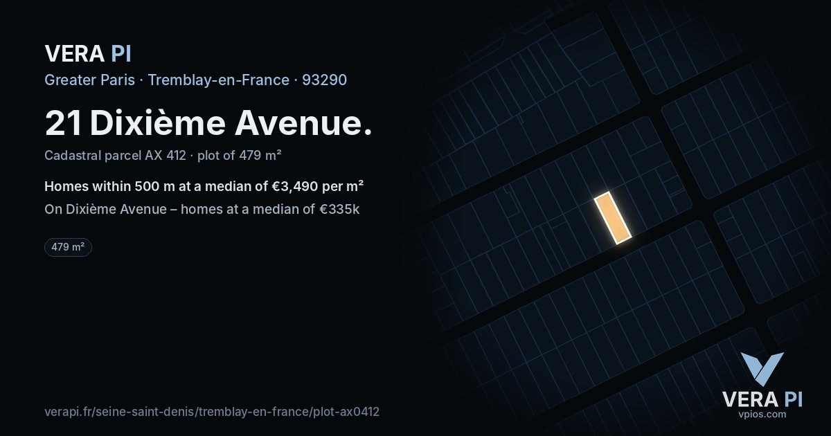 21 Dixième Avenue, Tremblay-en-France at night – the plot lit, the parcels around coloured by the prices near them
