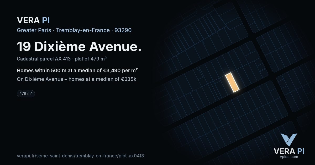 19 Dixième Avenue, Tremblay-en-France at night – the plot lit, the parcels around coloured by the prices near them