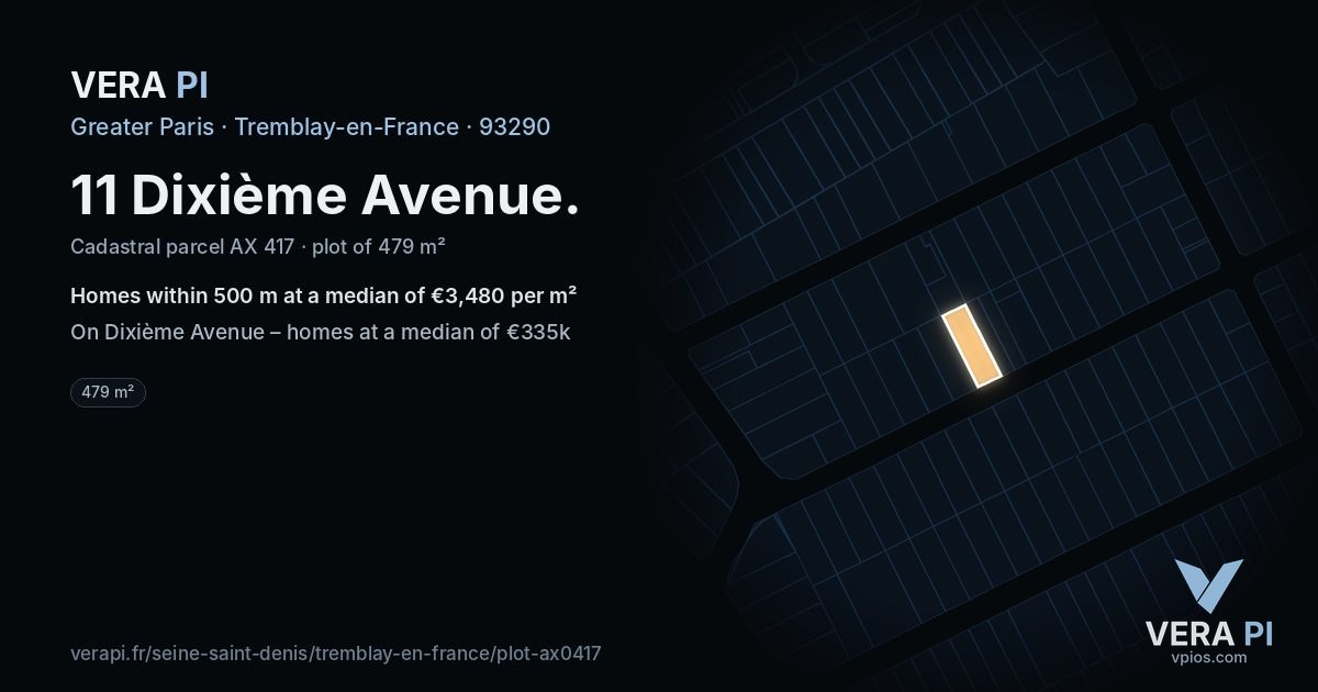 11 Dixième Avenue, Tremblay-en-France at night – the plot lit, the parcels around coloured by the prices near them