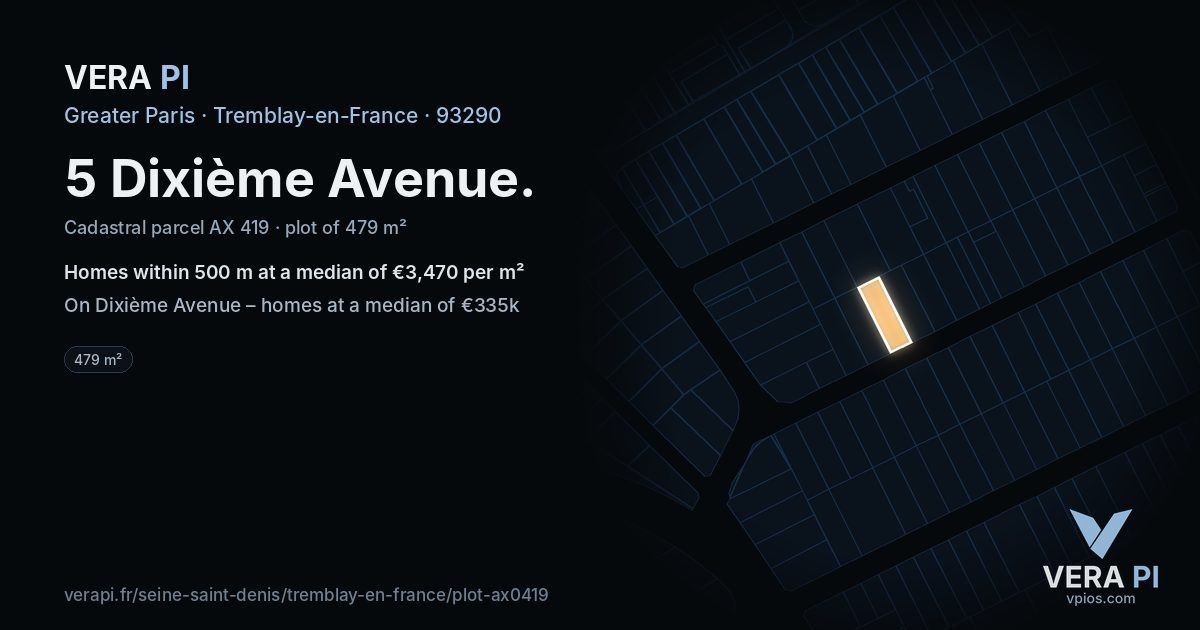 5 Dixième Avenue, Tremblay-en-France at night – the plot lit, the parcels around coloured by the prices near them