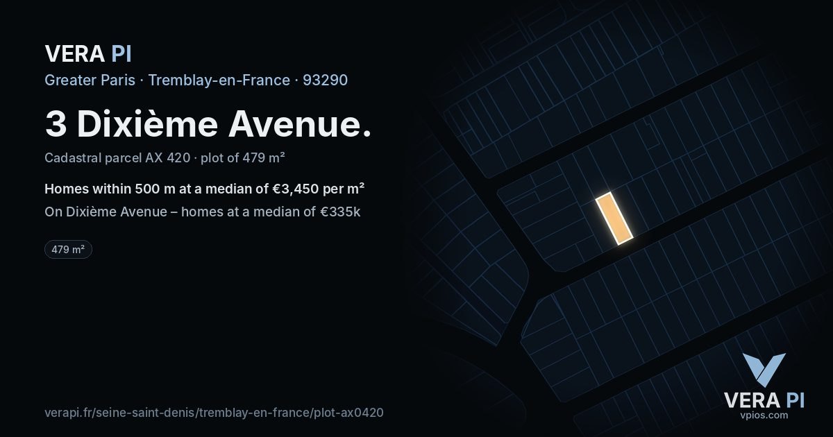 3 Dixième Avenue, Tremblay-en-France at night – the plot lit, the parcels around coloured by the prices near them
