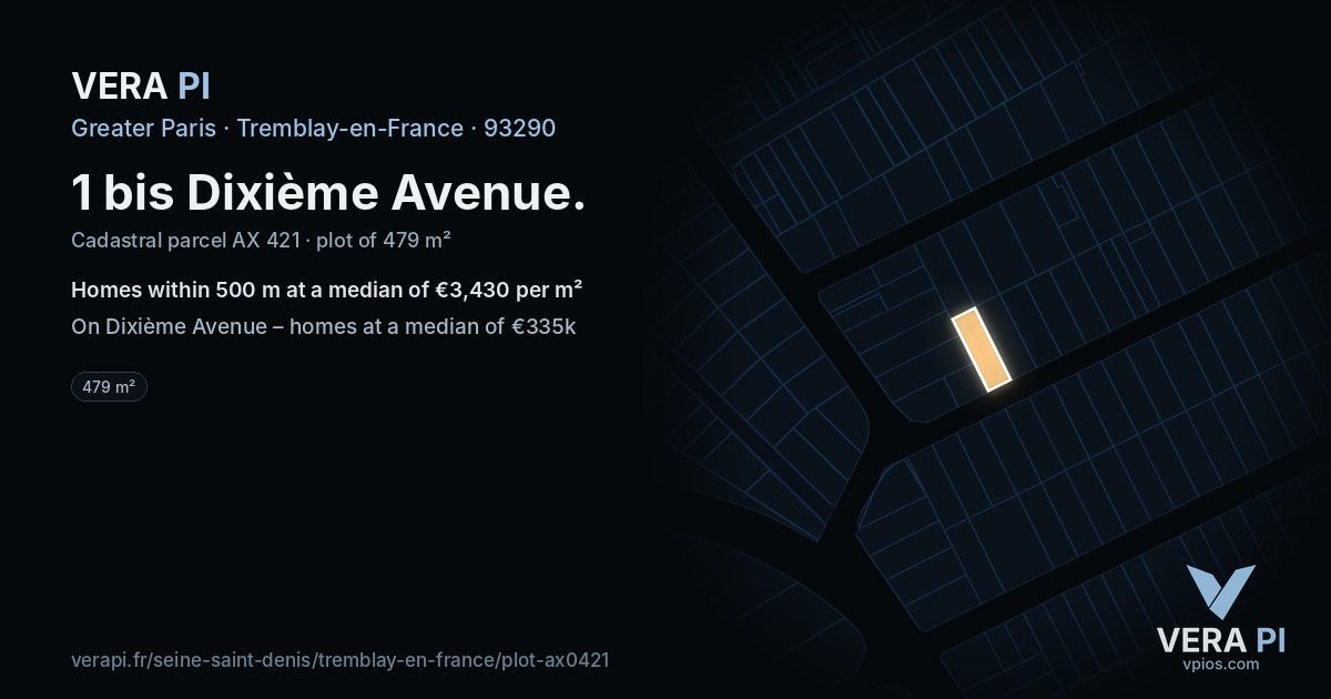 1 bis Dixième Avenue, Tremblay-en-France at night – the plot lit, the parcels around coloured by the prices near them