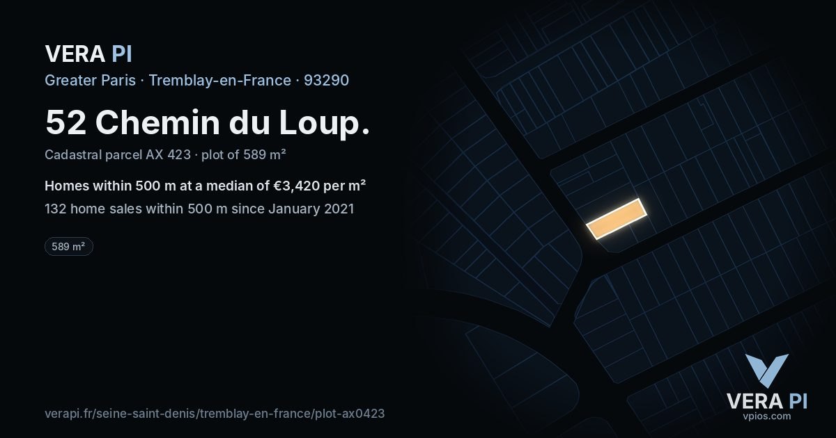 52 Chemin du Loup, Tremblay-en-France at night – the plot lit, the parcels around coloured by the prices near them