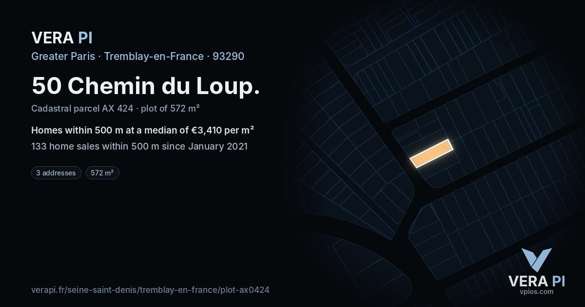 50 Chemin du Loup, Tremblay-en-France at night – the plot lit, the parcels around coloured by the prices near them