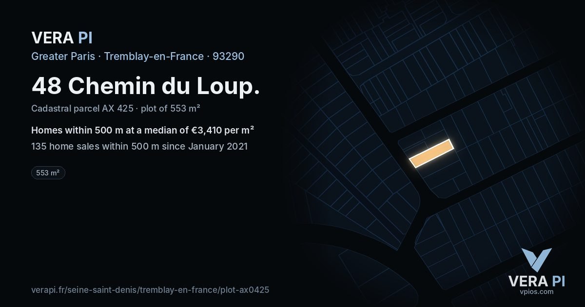 48 Chemin du Loup, Tremblay-en-France at night – the plot lit, the parcels around coloured by the prices near them
